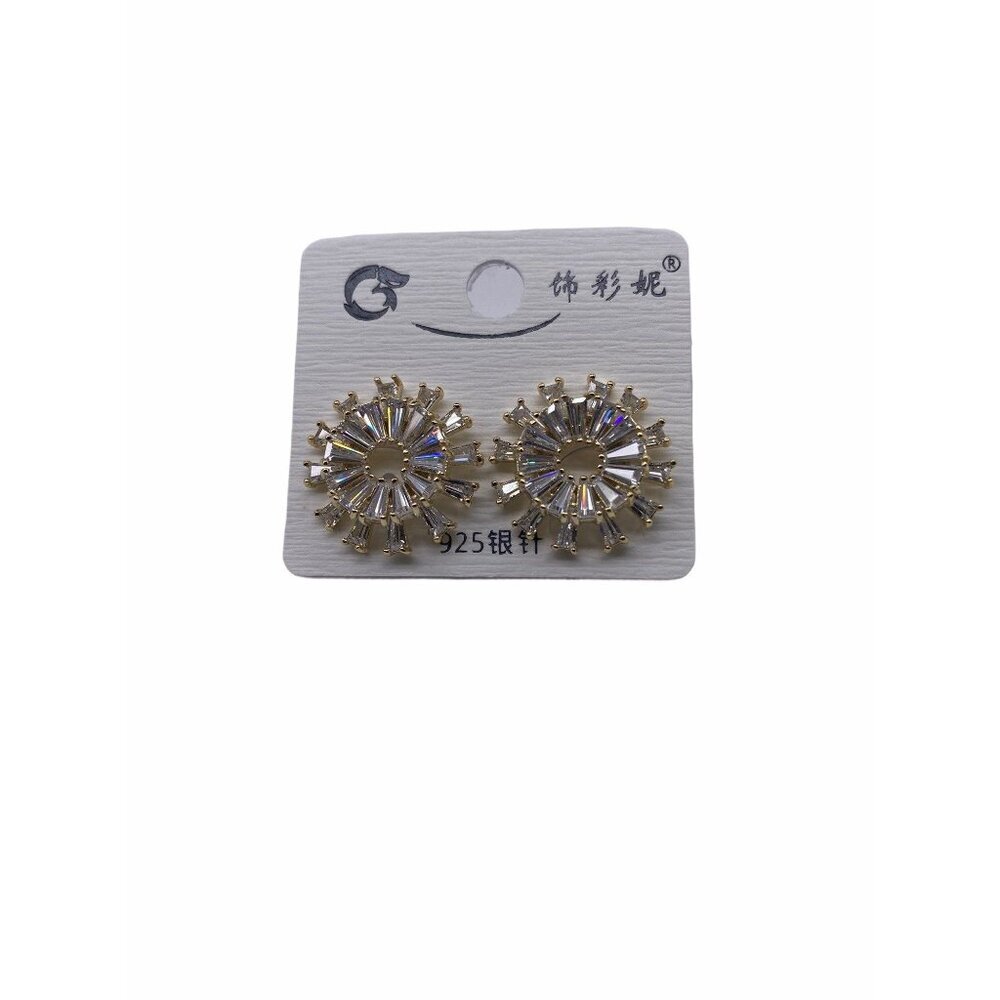 Elegant Womens Sunburst Earrings Zircon‎ Detailing 925 Silver Post Gold Finish